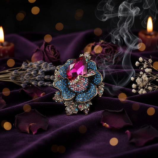 Decorative brooch with a large pink gemstone on a dark background