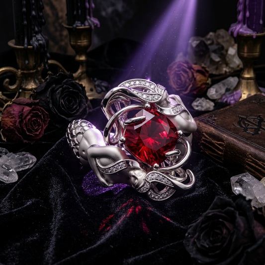 Silver ring with a red gemstone on a white background