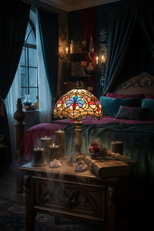 Tiffany-style table lamp with colorful stained glass shade on a white surface.