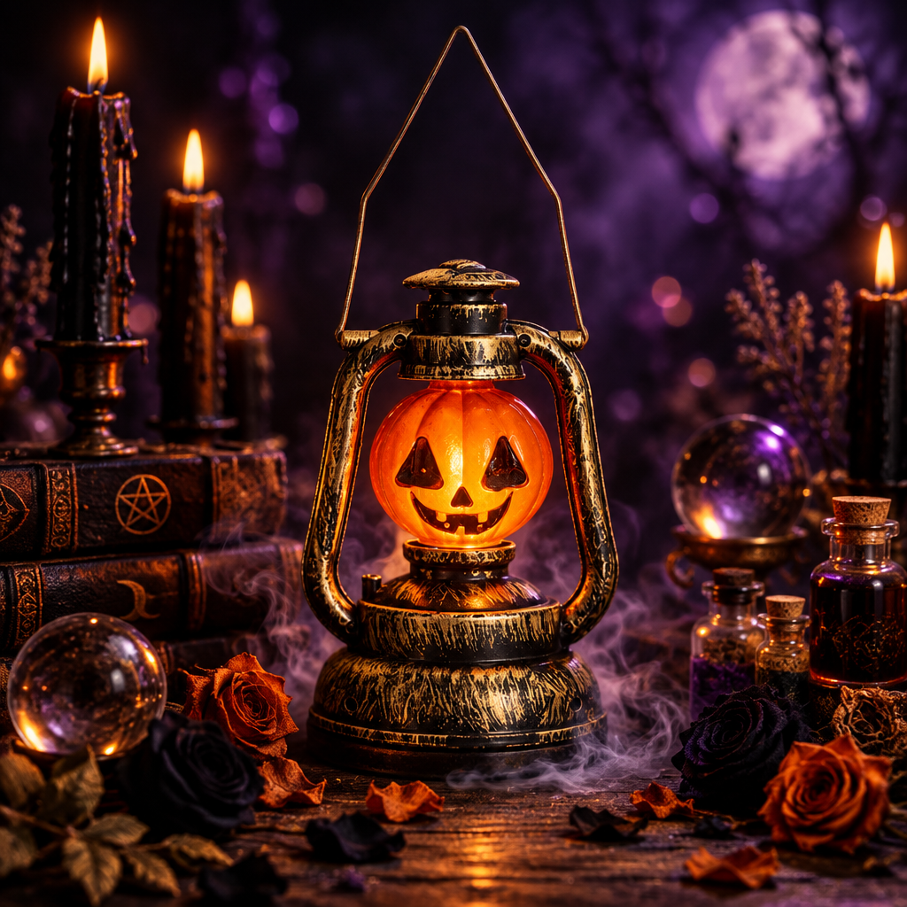 A hanging Halloween lantern shaped like an old metal oil lamp, with a glowing orange jack-o'-lantern face in the center and a wire hanger at the top, shown on a plain white background.
