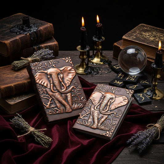 Two embossed leather journals with elephant designs on a white background