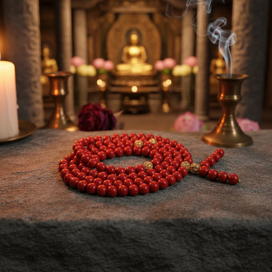 A coiled strand of red cylindrical beads with a few textured gold spacer beads, displayed on a dark textured background.