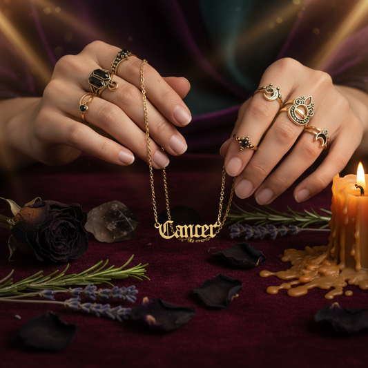 A gold chain necklace featuring a gothic-style 'Cancer' nameplate pendant, displayed against a solid black background.