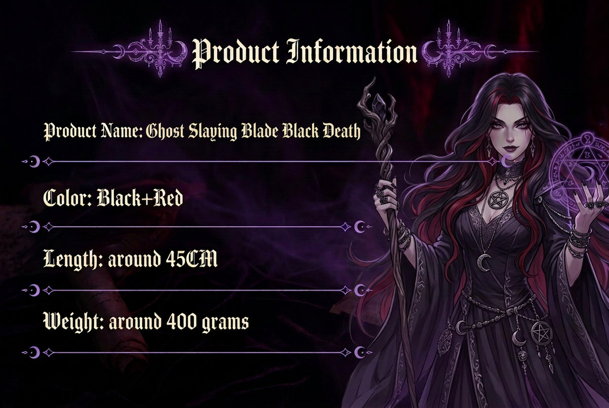 Product information card for a Ghost Slaying Blade Black Death Mou Wig COS Ji Guo Yan Sheng wig, showing a black and red anime-style character illustration on a white background with text fields for product name, color, length, and weight.