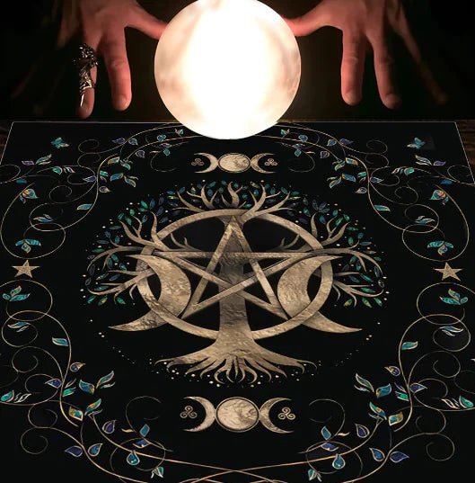 witchcraft supplies alter tablecloth with tarot design and glowing magical orb