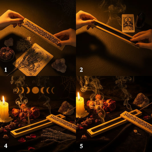 Wooden incense holder with decorative carvings on a dark background