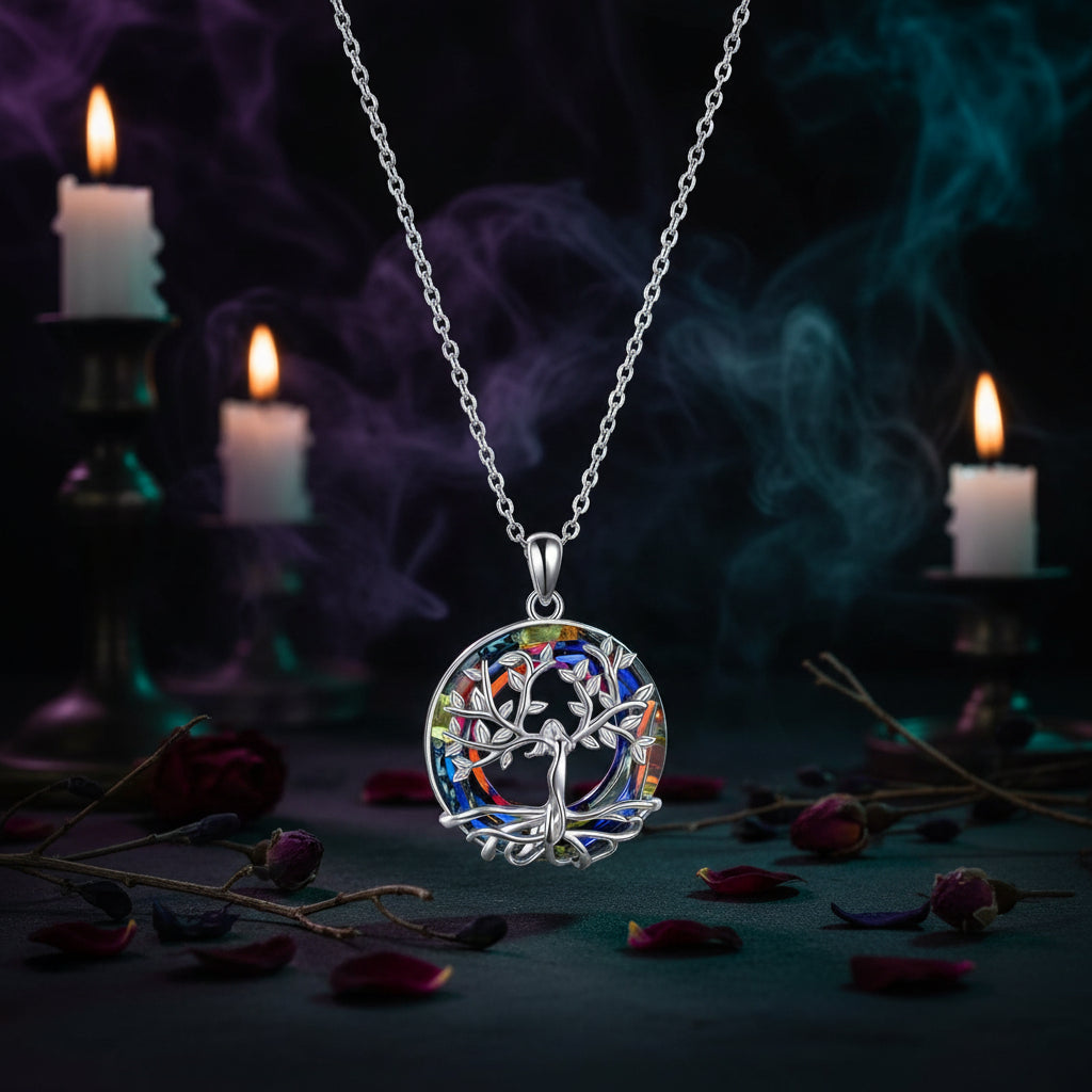 Exquisite Tree of Life Round Crystal Pendant Necklace Sorceress Sanctuary