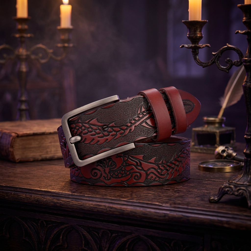 Red leather belt with intricate designs and a silver buckle on a white background
