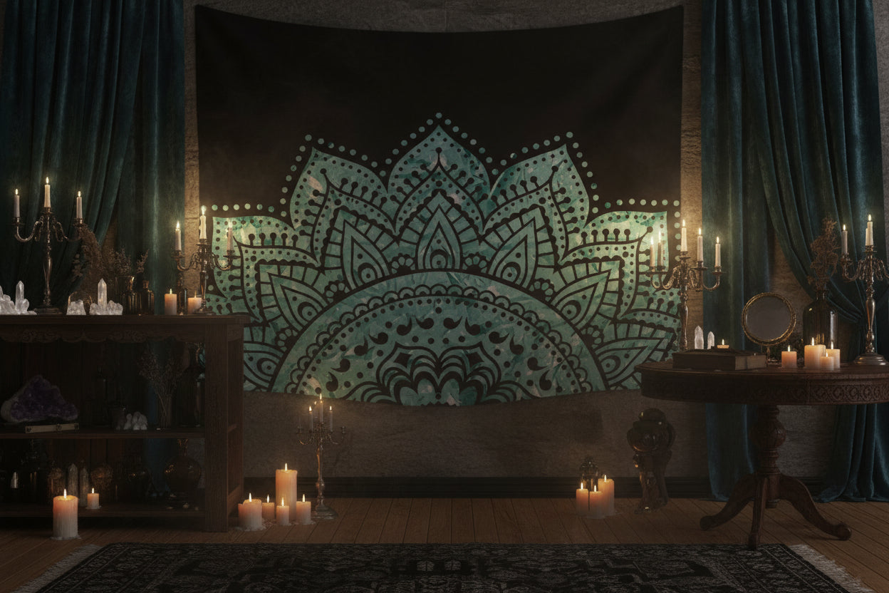 Teal and black mandala tapestry hanging on a wall in a room with wooden floor and decor.