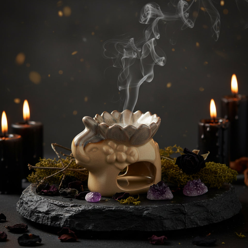 Lotus Ice Crack Elephant Aromatherapy Burner, Ceramic Sorceress Sanctuary