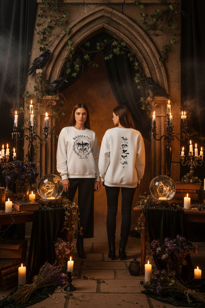 White sweatshirt with black graphics on a gray background