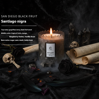 A lit candle in a textured, scalloped dark gray glass container with a visible flame. The candle is shown on a white background with printed text on the left identifying the scent as San Diego Black Fruit / Santiago nigra and listing fragrance notes.