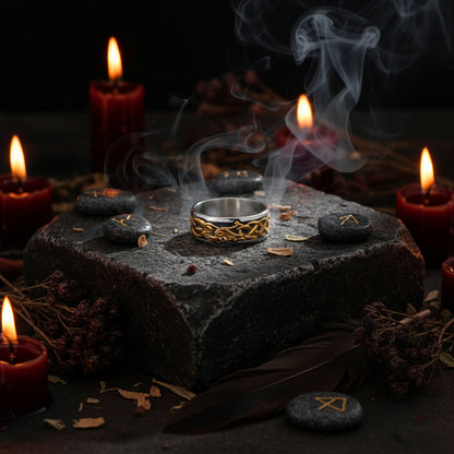 Silver and gold ring on a dark background