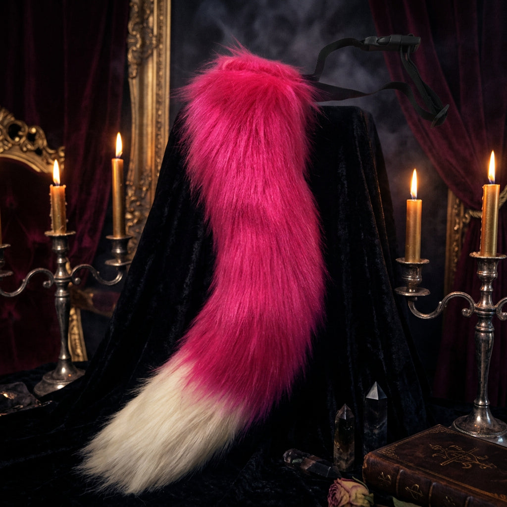 Pink and white fur tail with a black band on a white background