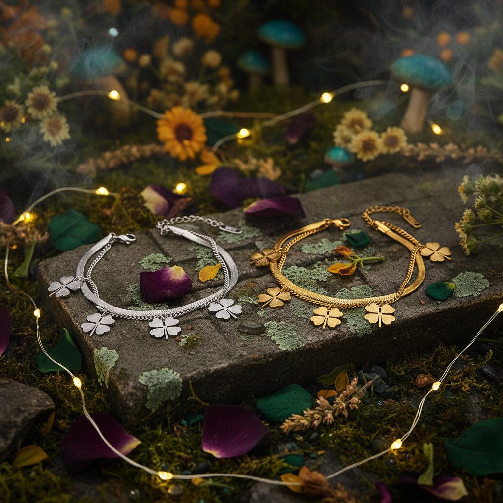 Two chain bracelets with four-leaf clover charms, one silver-toned and one gold-toned, displayed on a white card over a brown surface with warm ambient lighting.