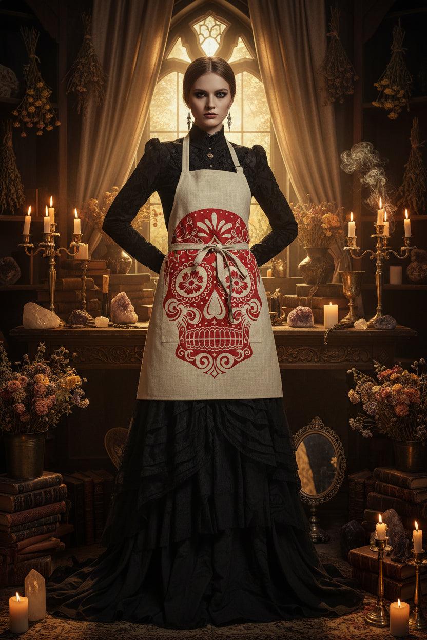 Beige apron with a red skull design on a white background