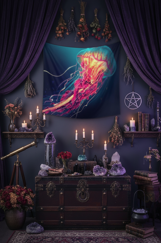 Glowing Jellyfish Tapestry with Jellyfish Design Sorceress Sanctuary