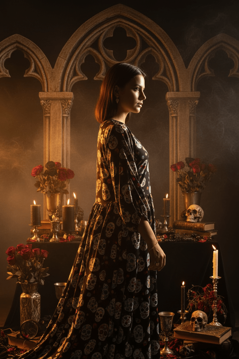 Person wearing a colorful skull pattern dress sitting on an ornate chair.