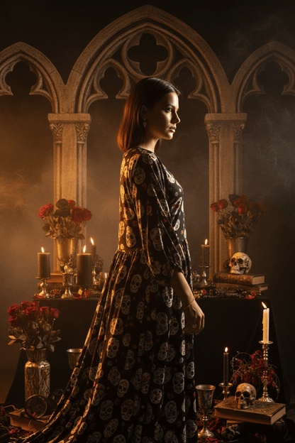 Person wearing a colorful skull pattern dress sitting on an ornate chair.
