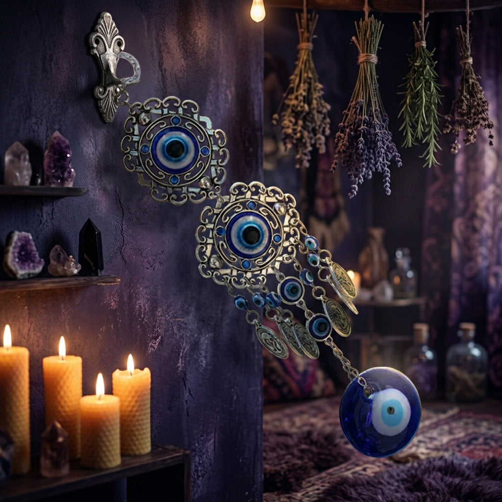 Hand holding a pair of blue evil eye earrings with a natural background