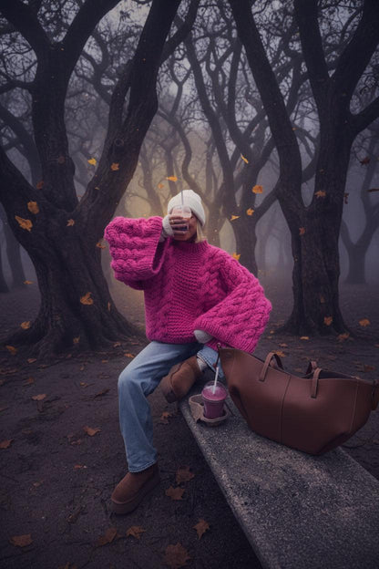 A person sitting on a bench in a foggy forest setting, wearing a chunky bright pink sweater, light blue jeans, and brown boots, with a brown tote bag beside them.