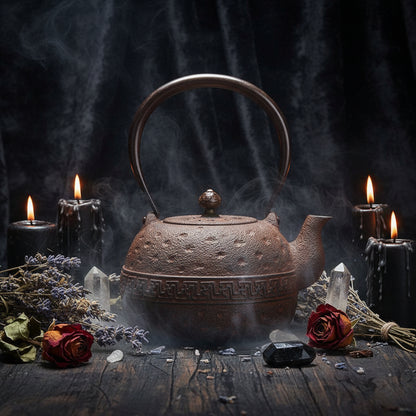 Decorative teapot with intricate design on a dark background