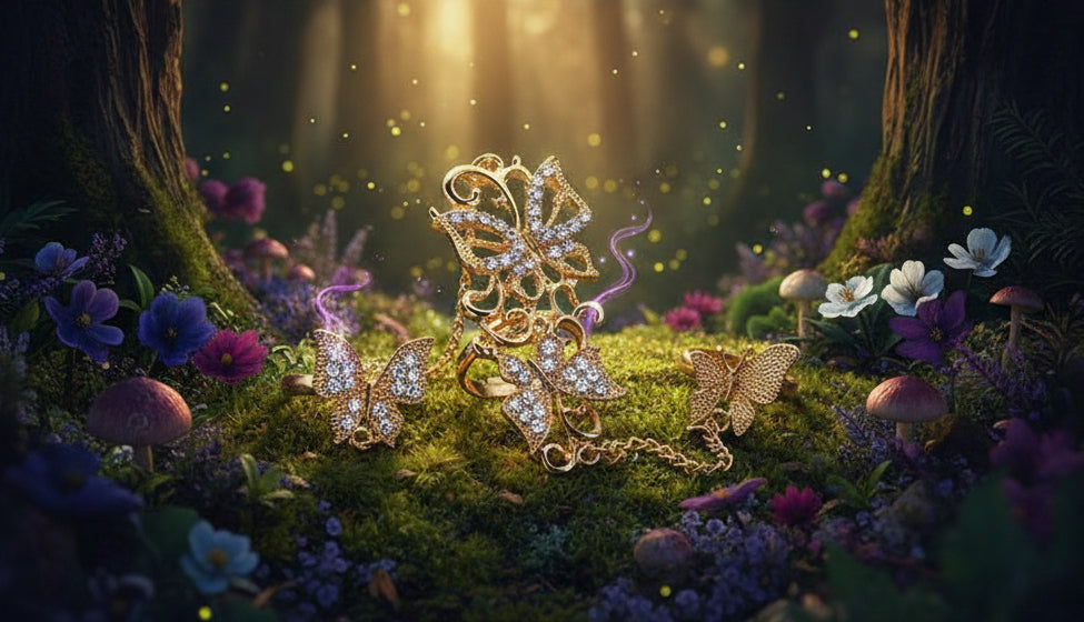 Gold butterfly-themed ring set with rhinestone embellishments, featuring multiple butterfly-shaped rings connected by delicate chains on a white background.