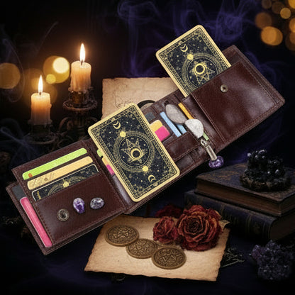 A four-panel collage showing a dark brown leather bi-fold wallet opened and closed from multiple angles on a white background. The wallet contains cash, coins, cards, and a photo ID, with one panel showing a bright pink card partially inserted.