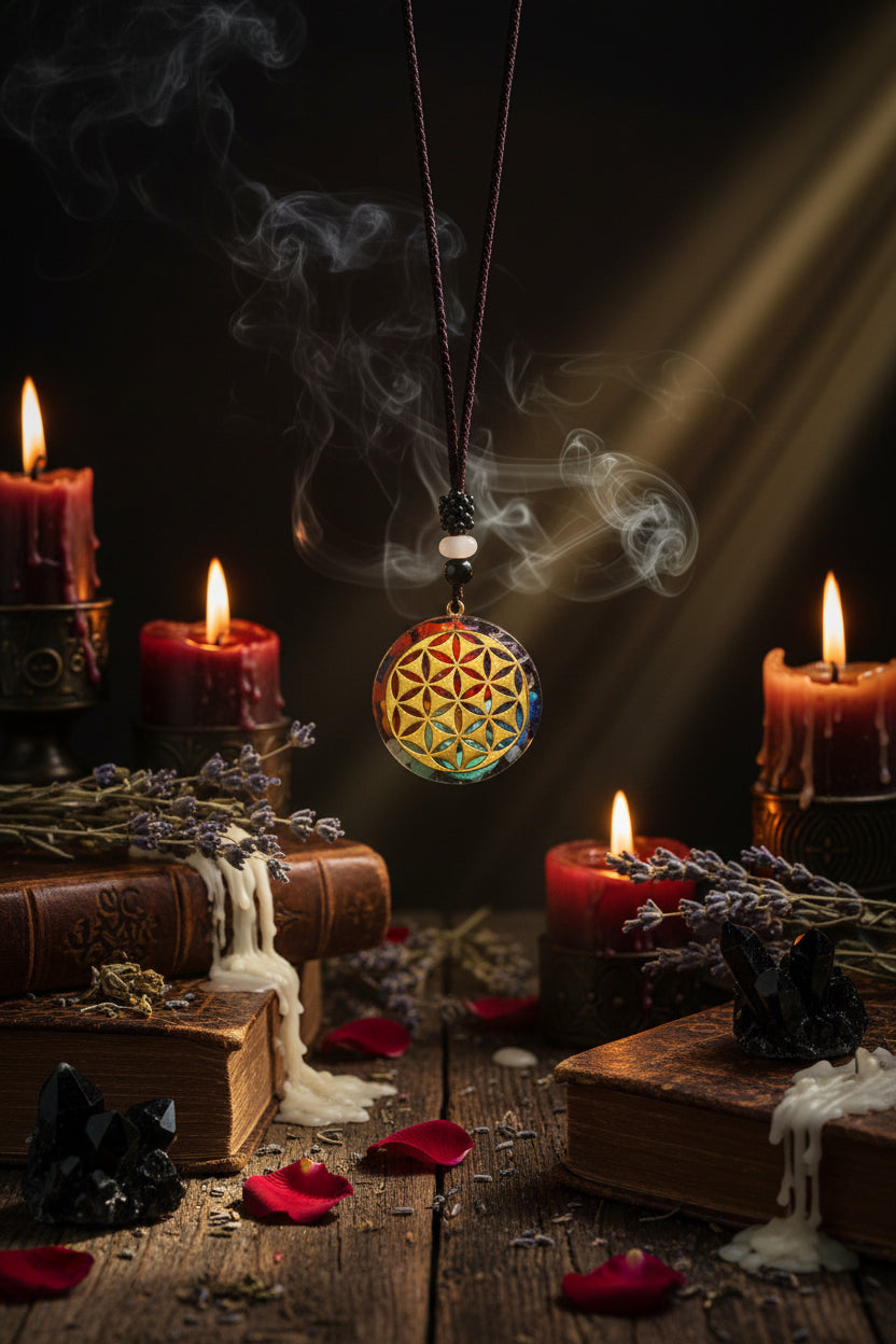 Decorative pendant with geometric design on a black background