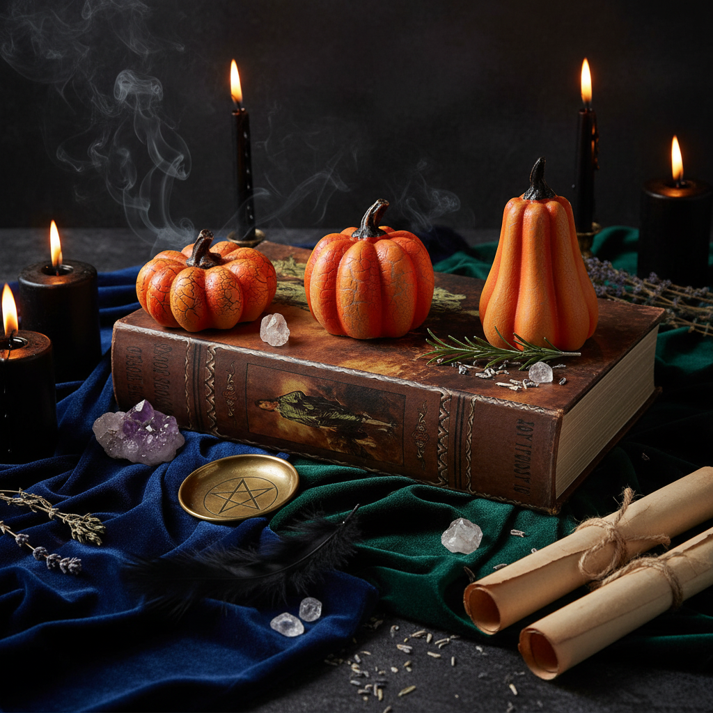 Three decorative pumpkins on a vintage book with a plain background