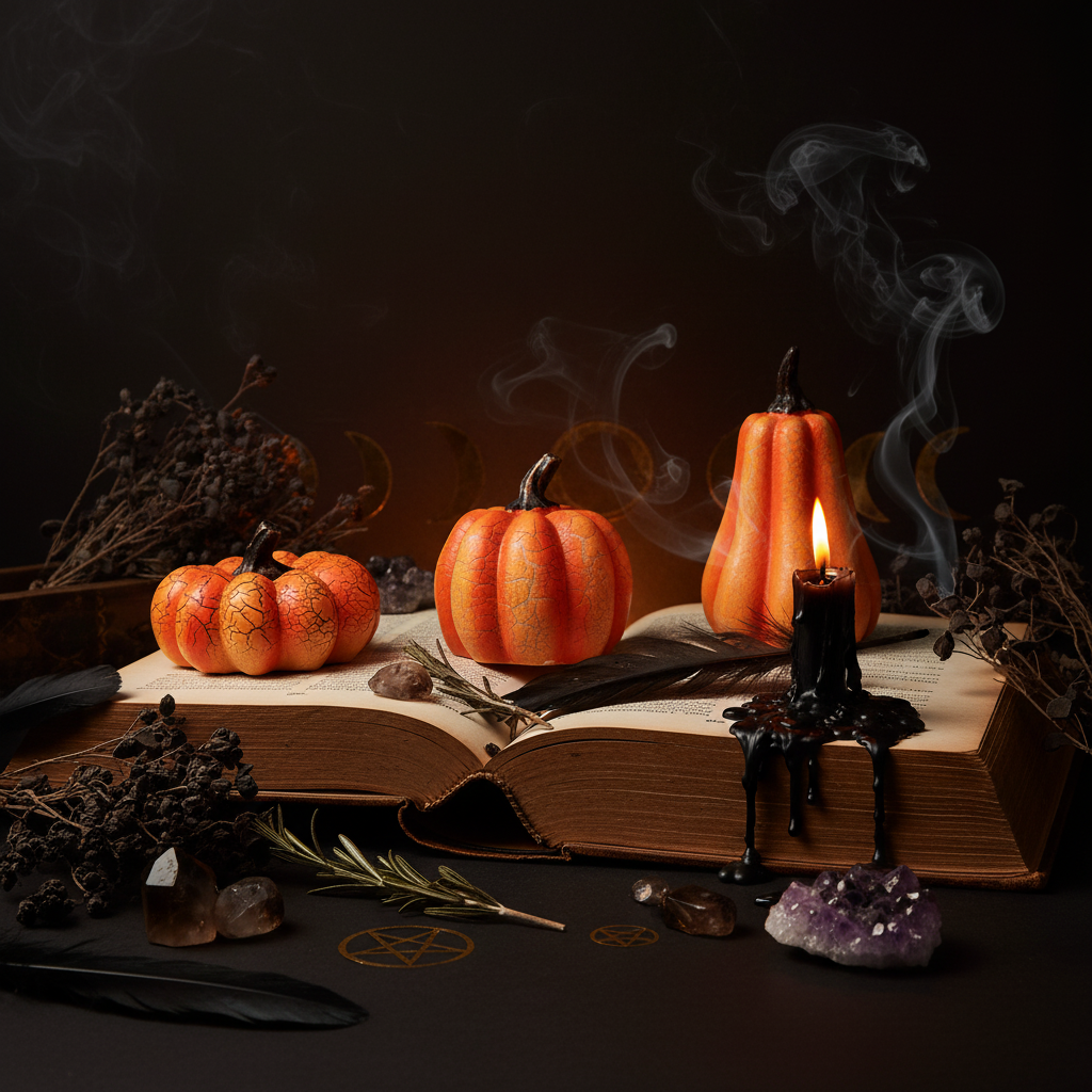 Three decorative pumpkins on a vintage book with a plain background