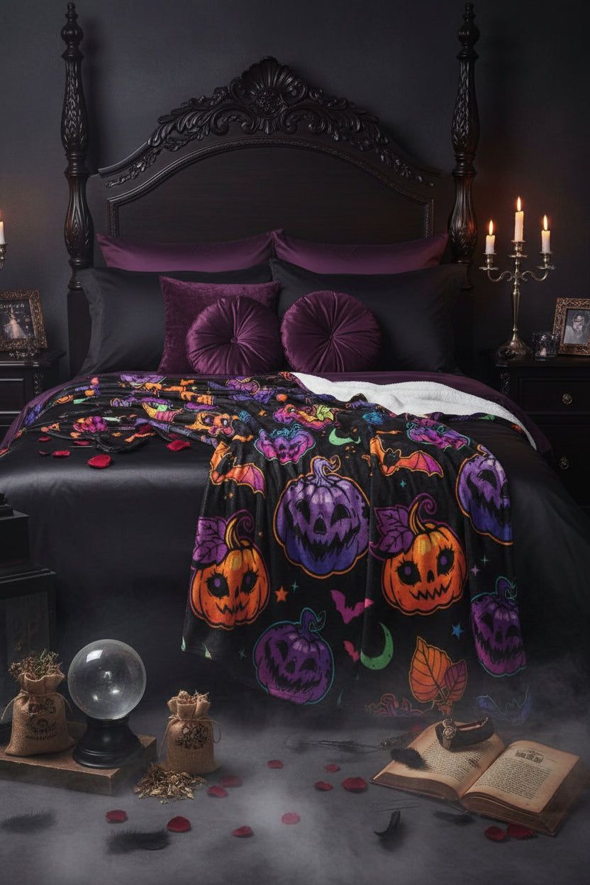 Colorful Halloween Pumpkin Spider Bat Flannel Blanket Sorceress Sanctuary