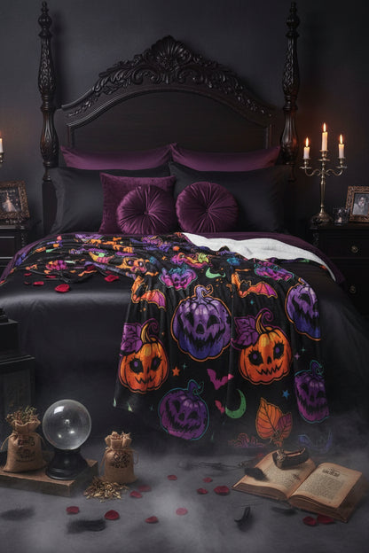 Colorful Halloween Pumpkin Spider Bat Flannel Blanket Sorceress Sanctuary