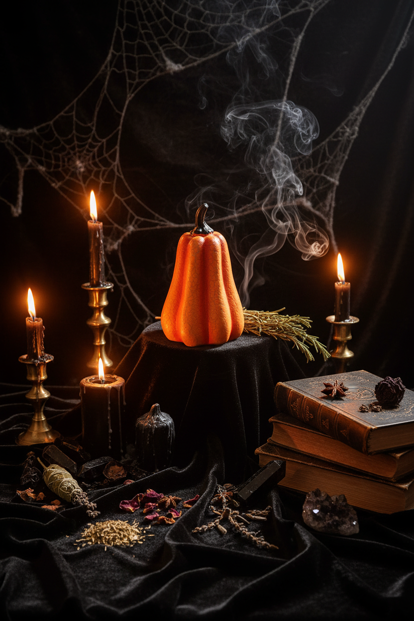 An orange faux pumpkin decorative prop with a dark stem, resting on a dark gray surface against a light gray background.