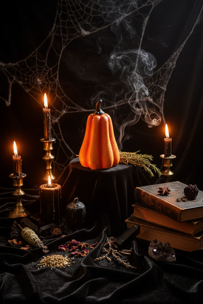 An orange faux pumpkin decorative prop with a dark stem, resting on a dark gray surface against a light gray background.