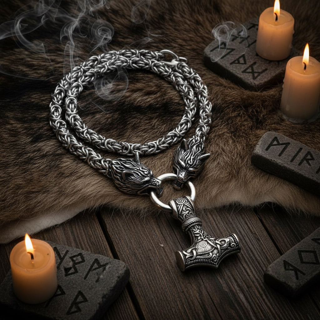Silver chain bracelet with wolf heads and a hammer pendant on a white background