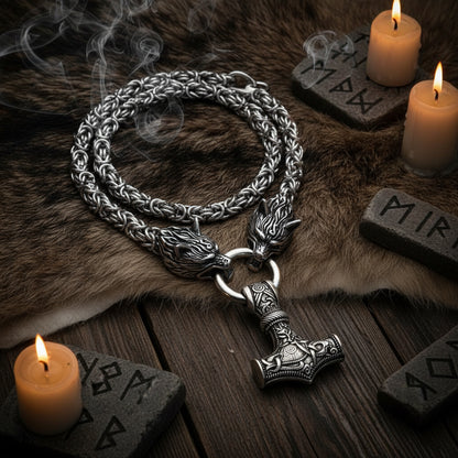 Silver chain bracelet with wolf heads and a hammer pendant on a white background
