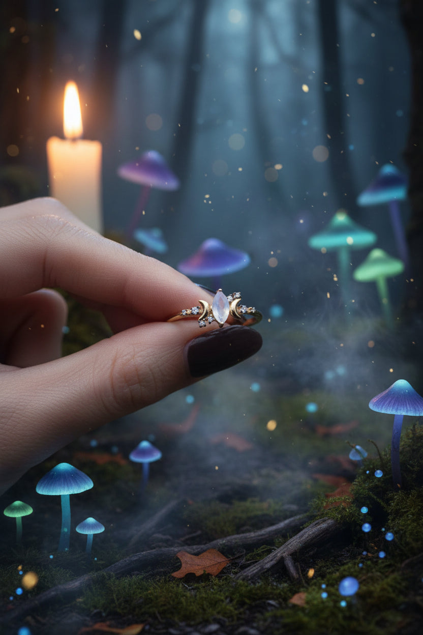 Delicate ring with floral design on a finger against a dark background