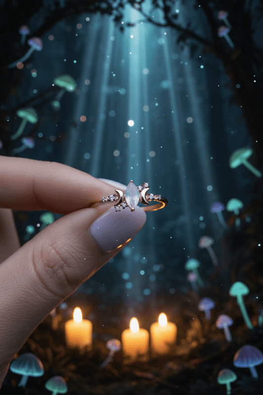 Delicate ring with floral design on a finger against a dark background