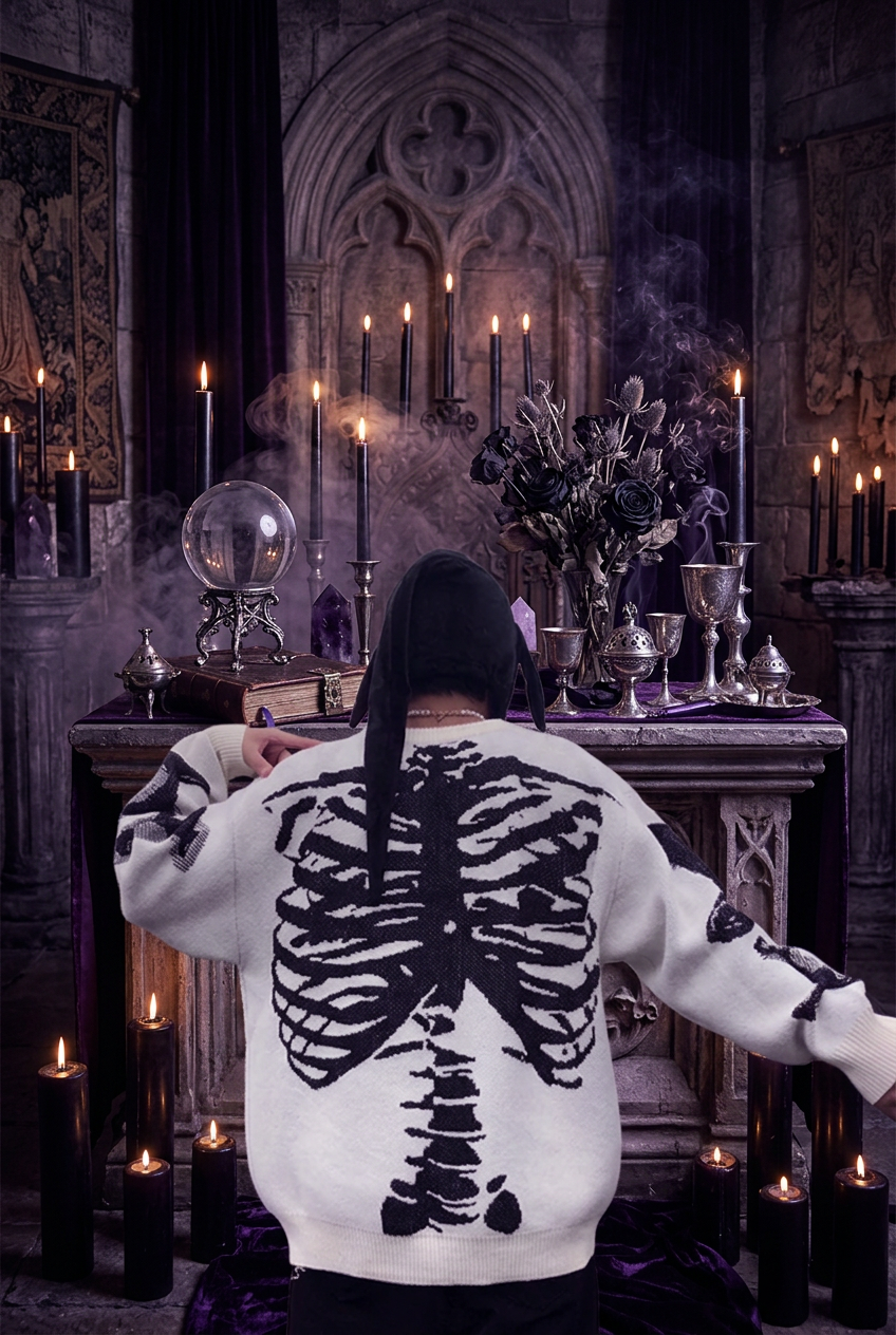 A person viewed from behind wearing a white knit sweater with a large black skeleton ribcage graphic on the back, standing outdoors on grass with a patio and cloudy sky in the background.