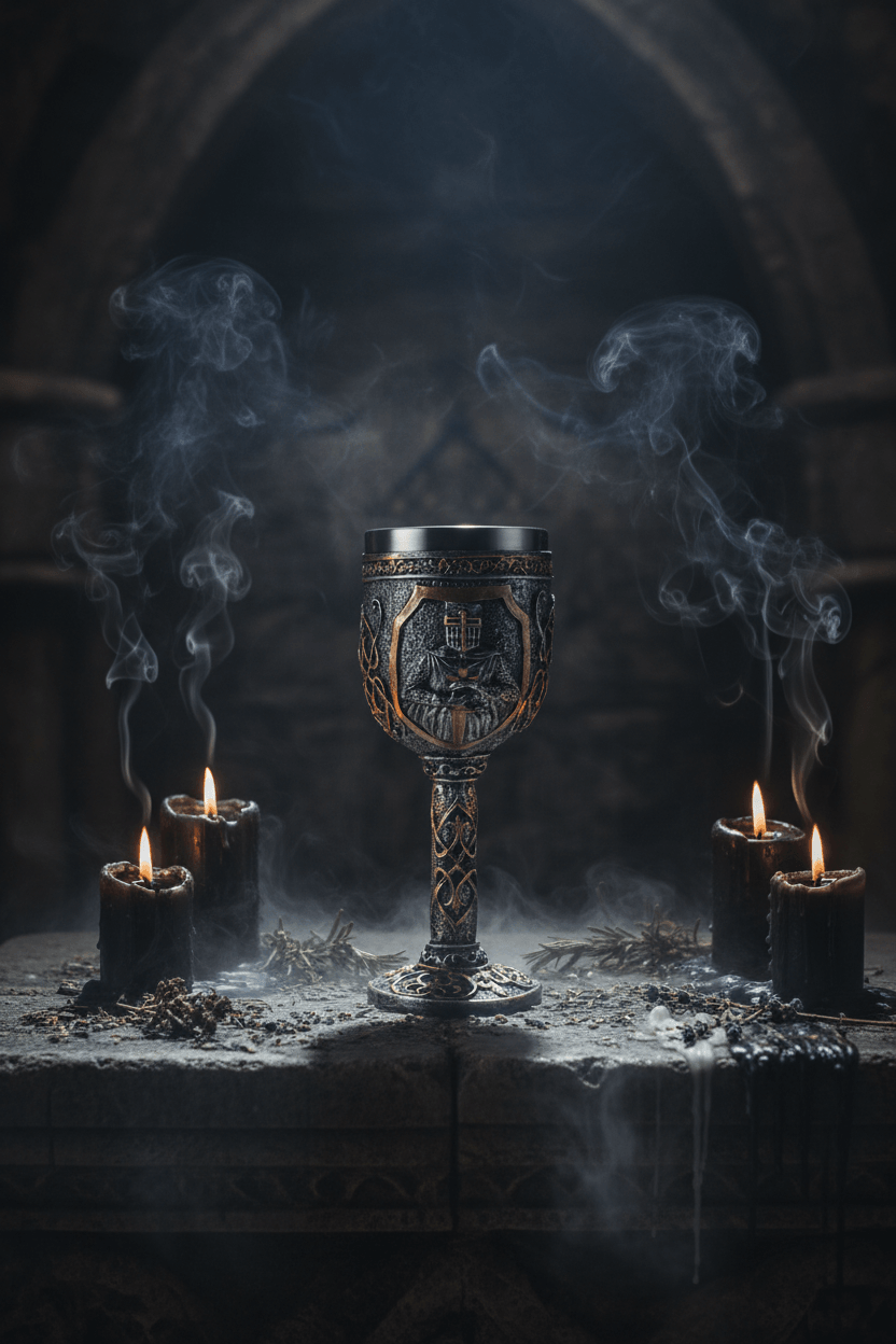 A decorative pewter-style goblet with gold accents, featuring an embossed knight in a shield on the front and ornate scrollwork on the stem and base.
