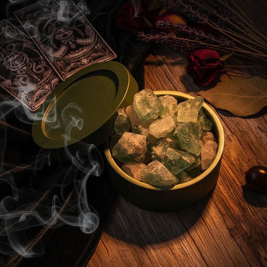 Green container with green crystals on a magazine