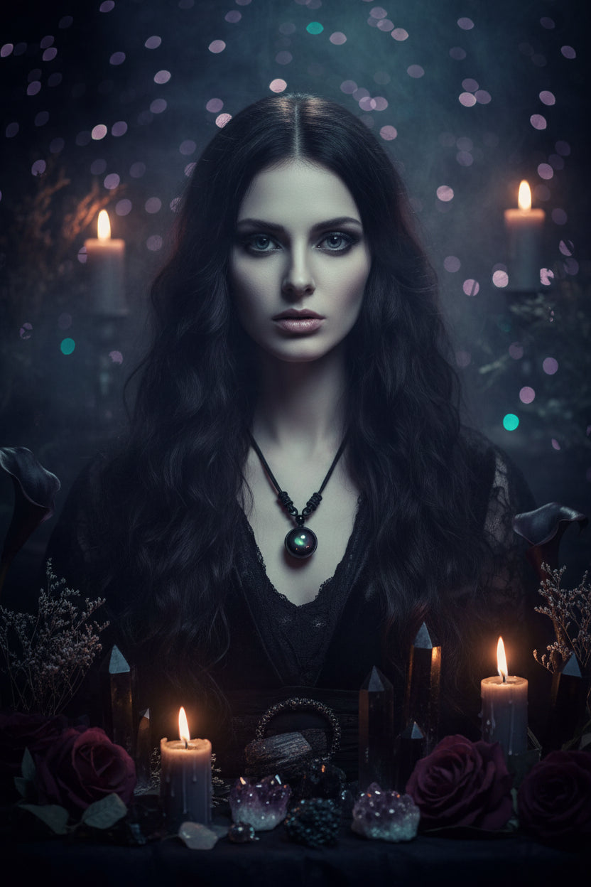 Black stone pendant on a cord against a wooden background