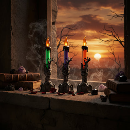 Three decorative candles with black holders shaped like hands, each holding a colored candle.