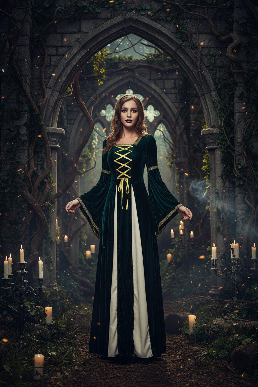 Woman wearing a green and white medieval-style dress on a white background