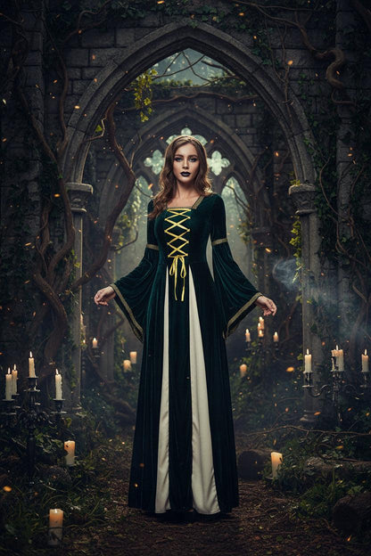 Woman wearing a green and white medieval-style dress on a white background