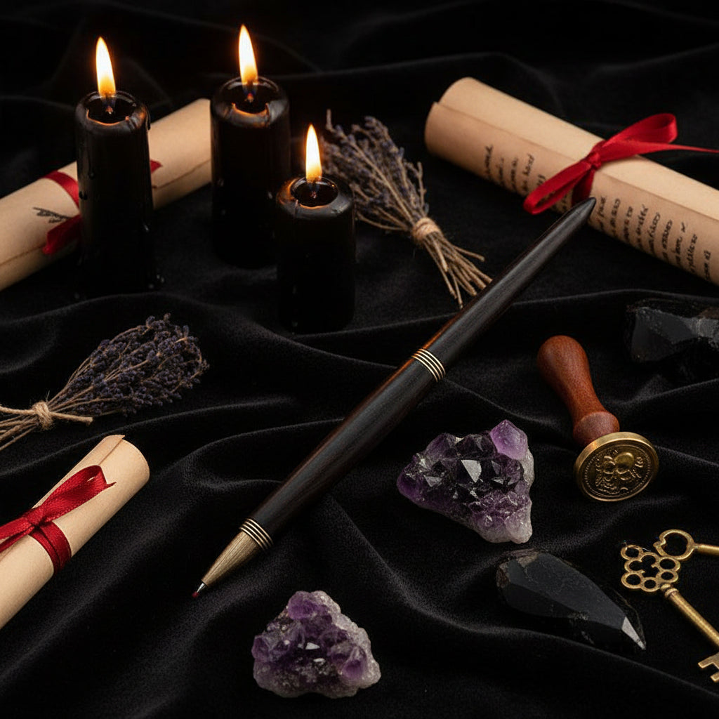 A black wooden pen with a gold metal tip resting on a wooden block, set on a green patterned surface with vintage paper and wax seal props.