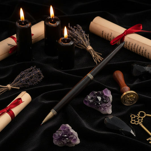 A black wooden pen with a gold metal tip resting on a wooden block, set on a green patterned surface with vintage paper and wax seal props.