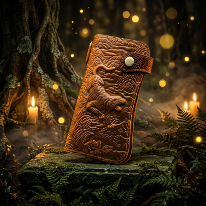 A brown embossed leather wallet featuring a detailed tiger design on the front, a snap-button strap closure, and a metal ring at the top, set against a rustic wooden background.