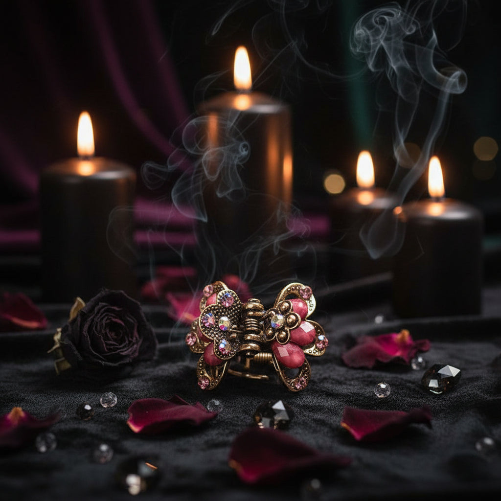 A close-up of a vintage-style hair claw clip with pink faceted beads and antique bronze metal detailing, set against a soft, textured light pink background.